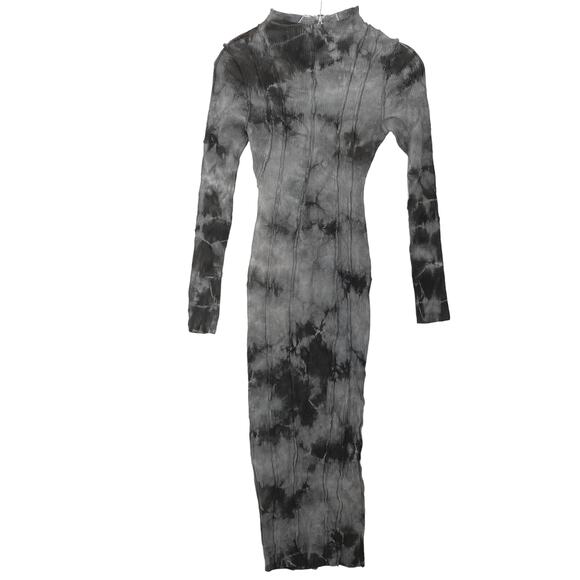 NWOT J.OUR Dress S Grey Tie-Dye Ribbed Raw-Hem Maxi Midi Long-Sl Stretch-Spandex